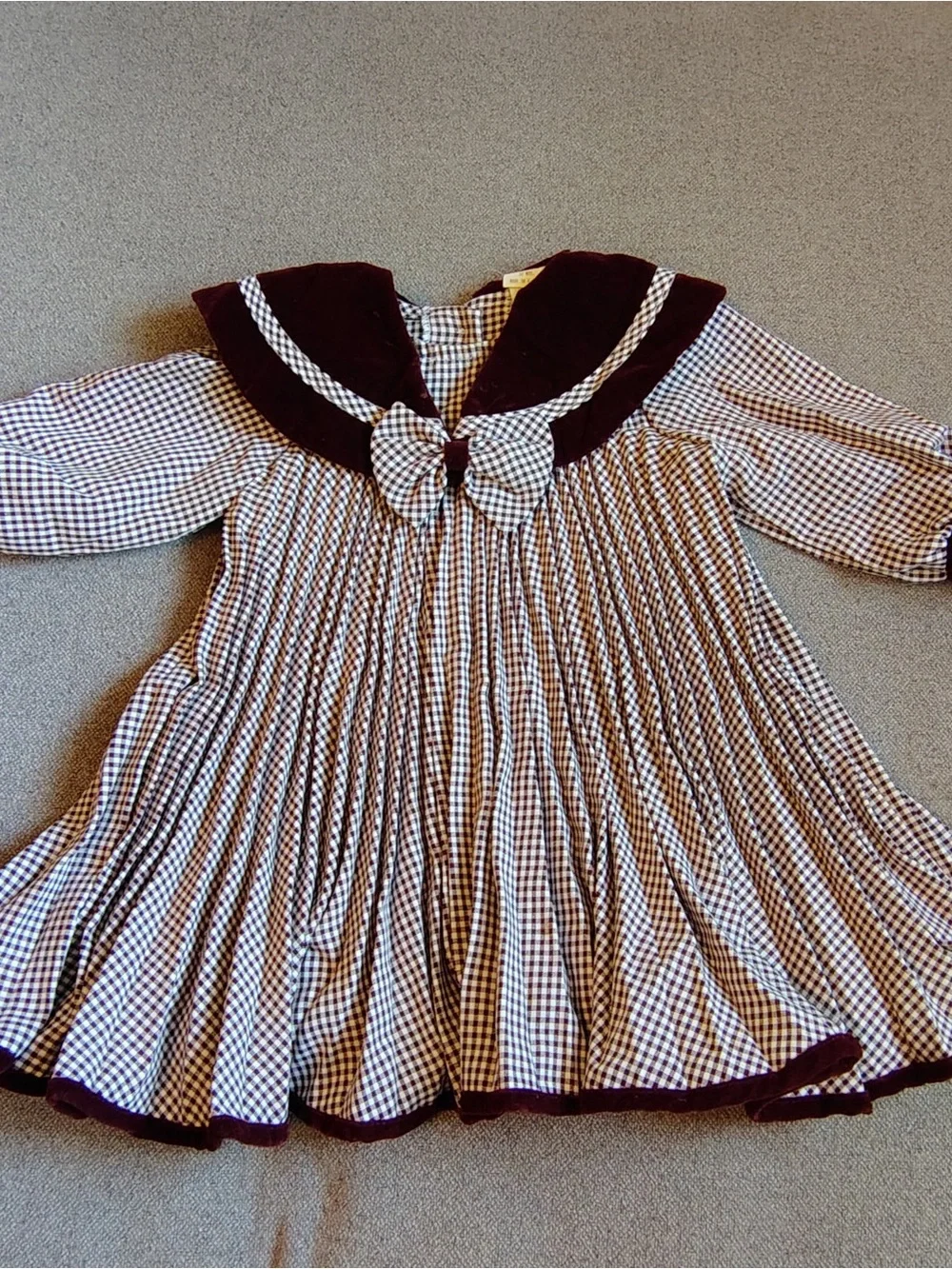 Vtg Velvet Caped Checked Dress Girls 12M Maroon Bow Pleated Madeline Sailor USA